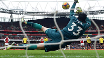 LONDON, ENGLAND - MARCH 11: Troy Deeney of Watford sees his penalty saved by Petr Cech of Arsenal during the Premier League match between Arsenal and Watford at Emirates Stadium on March 11, 2018 in London, England. (Photo by Michael Regan/Getty Images)