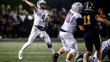 Dowling Catholic Quarterback Jaxon Smolik throws a pass during the Class 5A state football quarterfinal on Friday, Nov. 5, 2021, at Southeast Polk Stadium in Pleasant Hill.1105 Dowling Sep 007 Jpg