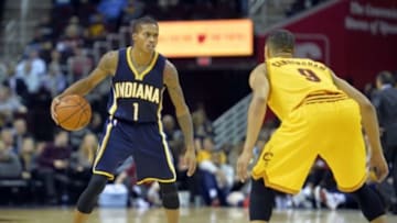 Oct 15, 2015; Cleveland, OH, USA; Indiana Pacers guard Joseph Young (1) runs the offense in the third quarter against the Cleveland Cavaliers at Quicken Loans Arena. Mandatory Credit: David Richard-USA TODAY Sports