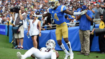 PASADENA, CA - SEPTEMBER 03: UCLA (4) Jaleel Wadood (DB) celebrates after breaking up a pass intended for Texas A