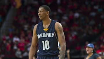 Oct 15, 2016; Houston, TX, USA; Memphis Grizzlies forward Troy Williams (10) celebrates his three point basket against the Houston Rockets during the second half at the Toyota Center. The Grizzlies defeat the Rockets 134-125. Mandatory Credit: Jerome Miron-USA TODAY Sports