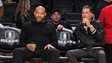 LOS ANGELES, CALIFORNIA - NOVEMBER 15: Coach Darvin Ham (L) and Rob Pelinka watch the shoot-around prior to a basketball game between the Los Angeles Lakers and the Sacramento Kings at Crypto.com Arena on November 15, 2023 in Los Angeles, California. NOTE TO USER: User expressly acknowledges and agrees that, by downloading and or using this photograph, User is consenting to the terms and conditions of the Getty Images License Agreement. (Photo by Allen Berezovsky/Getty Images)