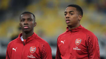 KIEV, UKRAINE - NOVEMBER 29: Eddie Nketiah and Joe Willock of Arsenal line up before the UEFA Europa League Group E match between Vorskla Poltava and Arsenal at Oleksiy Butovsky Vorskla Stadium on November 29, 2018 in Poltava, Ukraine. (Photo by David Price/Arsenal FC via Getty Images)