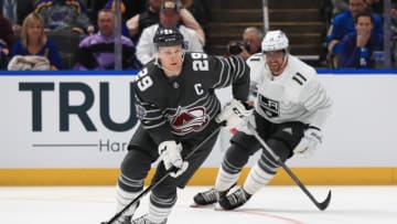 Jan 25, 2020; St. Louis, Missouri, USA; Pacific Division forward Anze Kopitar (11) of the Los Angeles Kings battles for the puck with Central Division forward Nathan MacKinnon (29) of the Colorado Avalanche in the 2020 NHL All Star Game at Enterprise Center. Mandatory Credit: Aaron Doster-USA TODAY Sports