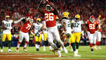 KANSAS CITY, MISSOURI - OCTOBER 27: Running back Damien Williams #26 of the Kansas City Chiefs celebrates a touchdown during the game against the Green Bay Packers at Arrowhead Stadium on October 27, 2019 in Kansas City, Missouri. (Photo by Jamie Squire/Getty Images)