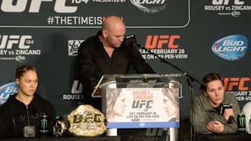 Feb 28, 2015; Los Angeles, CA, USA; Ronda Rousey , UFC president Dana White and Cat Zingano at the post fight press conference for UFC 184 at Staples Center. Mandatory Credit: Jayne Kamin-Oncea-USA TODAY Sports