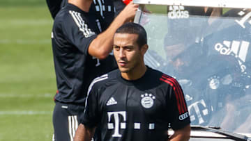 MUNICH, GERMANY - SEPTEMBER 11: (BILD ZEITUNG OUT) Thiago of Bayern Muenchen looks on during their first training session after the summer break at Saebener Strasse training ground on September 11, 2020 in Munich, Germany. (Photo by Roland Krivec/DeFodi Images via Getty Images)