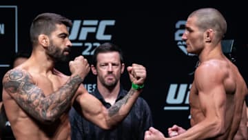 RIO DE JANEIRO, BRAZIL - MAY 11: Opponents Elizeu Zaleski dos Santos (L) of Brazil and Sean Strickland of the United States face off during the UFC 224 weigh-in at Jeunesse Arena on May 11, 2018 in Rio de Janeiro, Brazil. (Photo by Buda Mendes/Zuffa LLC/Zuffa LLC via Getty Images)