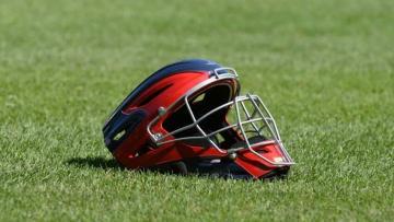 DETROIT, MICHIGAN - APRIL 24: A detailed view of a Cleveland Indians catchers mask sitting on the field during the game against the Detroit Tigers at Comerica Park on April 24, 2016 in Detroit, Michigan. The Indians defeated the Tigers 6-4. (Photo by Mark Cunningham/MLB Photos via Getty Images)