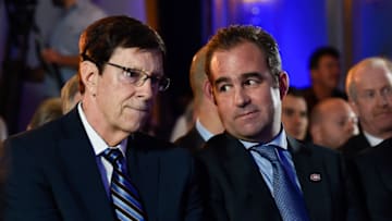 MONTREAL, QC - NOVEMBER 17: President and owner of the Montreal Canadiens Geoff Molson (R) looks over at president of hockey operations and general manager of the Nashville Predators David Poile during the NHL Centennial 100 Celebration at the Windsor Hotel on November 17, 2017 in Montreal, Quebec, Canada. (Photo by Minas Panagiotakis/NHLI via Getty Images)
