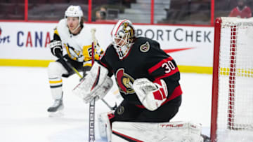 OTTAWA, ON - FEBRUARY 10: Matt Murray #30 of the Ottawa Senators prepares to make a save against the Pittsburgh Penguins during the third period at the Canadian Tire Centre on February 10, 2022 in Ottawa, Ontario, Canada. (Photo by Richard A. Whittaker/Freestyle Photography/Getty Images)