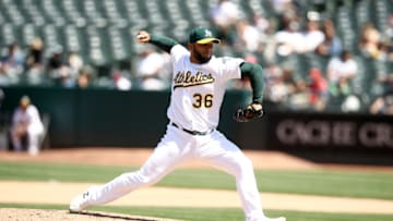 OAKLAND, CALIFORNIA - MAY 29: Yusmeiro Petit #36 of the Oakland Athletics pitches against the Los Angeles Angels at Oakland-Alameda County Coliseum on May 29, 2019 in Oakland, California. (Photo by Ezra Shaw/Getty Images)