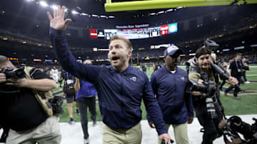 NEW ORLEANS, LOUISIANA - JANUARY 20: Head coach Sean McVay of the Los Angeles Rams celebrates after defeating the New Orleans Saints in the NFC Championship game at the Mercedes-Benz Superdome on January 20, 2019 in New Orleans, Louisiana. The Los Angeles Rams defeated the New Orleans Saints with a score of 26 to 23. (Photo by Chris Graythen/Getty Images)
