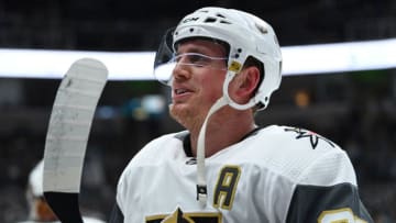 SAN JOSE, CA - APRIL 23: Nate Schmidt #88 of the Vegas Golden Knights warms up prior to Game Seven of the Western Conference First Round against the San Jose Sharks during the 2019 Stanley Cup Playoffs at SAP Center on April 23, 2019 in San Jose, California. (Photo by Jeff Bottari/NHLI via Getty Images)