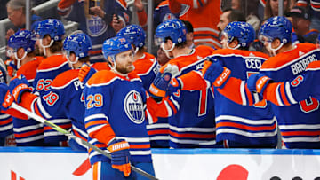 Oct 4, 2023; Edmonton, Alberta, CAN; Edmonton Oilers forward Leon Draisaitl (29) celebrates after scoring a goal against the Calgary Flames during the second period at Rogers Place. Mandatory Credit: Perry Nelson-USA TODAY Sports
