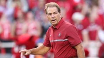 Oct 8, 2016; Fayetteville, AR, USA; Alabama Crimson Tide head coach Nick Saban looks on prior to the game against the Arkansas Razorbacks at Donald W. Reynolds Razorback Stadium. Mandatory Credit: Nelson Chenault-USA TODAY Sports