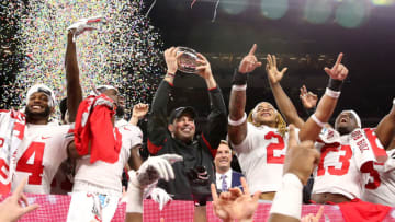 INDIANAPOLIS, INDIANA - DECEMBER 07: Head coach Ryan Day and the Ohio State Buckeyes celebrates after winning the Big Ten Championship against the Wisconsin Badgers at Lucas Oil Stadium on December 07, 2019 in Indianapolis, Indiana. (Photo by Justin Casterline/Getty Images)
