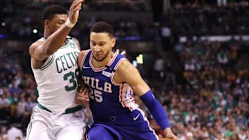 BOSTON, MA - MAY 3: Marcus Smart #36 of the Boston Celtics defends Ben Simmons #25 of the Philadelphia 76ers during the first quarter of Game Two of the Eastern Conference Second Round of the 2018 NBA Playoffs at TD Garden on May 3, 2018 in Boston, Massachusetts. (Photo by Maddie Meyer/Getty Images)