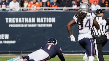 CHICAGO, IL - OCTOBER 21: Cordarrelle Patterson #84 of the New England Patriots runs back a kick-off for a touchdown as Cody Parkey #1 of the Chicago Bears tries to make a tackle at Soldier Field on October 21, 2018 in Chicago, Illinois. The Patriots defeated the Bears 38-31. (Photo by Jonathan Daniel/Getty Images)