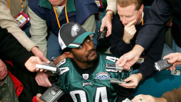 JACKSONVILLE, FL - FEBRUARY 1: Freddie Mitchell, wide receiver of the Philadelphia Eagles greets the media at media day prior to the start of Super Bowl XXXIX at Alltel Stadium on February 1, 2005 in Jacksonville, Florida. (Photo by Scott Halleran/Getty Images)