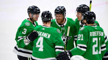 Apr 27, 2022; Dallas, Texas, USA; Dallas Stars defenseman John Klingberg (3) and defenseman Miro Heiskanen (4) and center Joe Pavelski (16) and left wing Jason Robertson (21) and center Roope Hintz (24) celebrates a power play goal scored by Heiskanen against the Arizona Coyotes during the second period at the American Airlines Center. Mandatory Credit: Jerome Miron-USA TODAY Sports