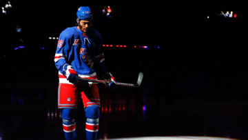 NEW YORK, NY - NOVEMBER 13: K'Andre Miller #79 of the New York Rangers prior to the game against the Arizona Coyotes on November 13, 2022 at Madison Square Garden in New York, New York. (Photo by Rich Graessle/Getty Images)