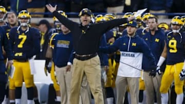 Nov 7, 2015; Ann Arbor, MI, USA; Michigan Wolverines head coach Jim Harbaugh reacts to a penalty in the second quarter against the Rutgers Scarlet Knights at Michigan Stadium. Mandatory Credit: Rick Osentoski-USA TODAY Sports