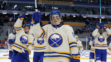 HAMILTON, ONTARIO - MARCH 13: Peyton Krebs #19 of the Buffalo Sabres waves to the crowd after the team's win against the Toronto Maple Leafs during the Heritage Classic at Tim Hortons Field on March 13, 2022 in Hamilton, Ontario. (Photo by Claus Andersen/Getty Images)
