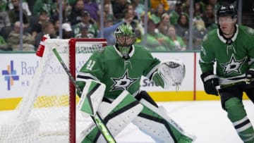 Oct 3, 2023; Dallas, Texas, USA; Dallas Stars goaltender Scott Wedgewood (41) and defenseman Ryan Suter (20) faces the Colorado Avalanche attack during the third period at the American Airlines Center. Mandatory Credit: Jerome Miron-USA TODAY Sports