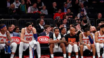 NEW YORK, NY - FEBRUARY 6: Two seats are empty at the New York Knicks team bench after Kristaps Porzingis and Tim Hardaway Jr. were taken out of the game with injuries in an NBA basketball game against the Milwaukee Bucks on February 6, 2018 at Madison Square Garden Center in New York City. Bucks won 103-89. NOTE TO USER: User expressly acknowledges and agrees that, by downloading and/or using this Photograph, user is consenting to the terms and conditions of the Getty License agreement. Mandatory Copyright Notice (Photo by Paul Bereswill/Getty Images)