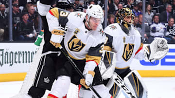 LOS ANGELES, CA - APRIL 17: Brayden McNabb #3 of the Vegas Golden Knights battles in front of the net as Marc-Andre Fleury #29 holds the crease in Game Four of the Western Conference First Round against the Los Angeles Kings during the 2018 NHL Stanley Cup Playoffs at Staples Center on April 17, 2018 in Los Angeles, California. (Photo by Juan Ocampo/NHLI via Getty Images)