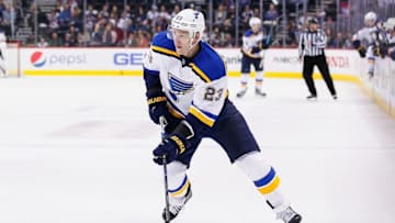Apr 3, 2016; Denver, CO, USA; St. Louis Blues right wing Dmitrij Jaskin (23) controls the puck in the third period against the Colorado Avalanche at the Pepsi Center. The Blues defeated the Avalanche 5-1. Mandatory Credit: Isaiah J. Downing-USA TODAY Sports