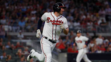 ATLANTA, GEORGIA - SEPTEMBER 17: Matt Joyce #14 of the Atlanta Braves runs to first base after hitting a RBI single in the first inning against the Philadelphia Phillies at SunTrust Park on September 17, 2019 in Atlanta, Georgia. (Photo by Kevin C. Cox/Getty Images)