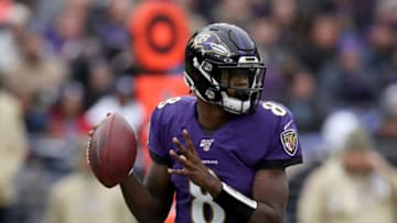BALTIMORE, MARYLAND - NOVEMBER 17: Lamar Jackson #8 of the Baltimore Ravens throws a second half pass against the Houston Texans at M&T Bank Stadium on November 17, 2019 in Baltimore, Maryland. (Photo by Rob Carr/Getty Images)