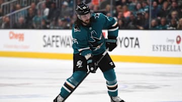 SAN JOSE, CA - APRIL 10: Erik Karlsson #65 of the San Jose Sharks passes the puck to assist on a goal to Evander Kane #9 against the Vegas Golden Knights during the second period in Game One of the Western Conference First Round during the 2019 NHL Stanley Cup Playoffs at SAP Center on April 10, 2019 in San Jose, California. The Sharks won the game 5-2. (Photo by Thearon W. Henderson/Getty Images)