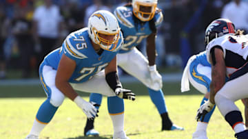 CARSON, CALIFORNIA - OCTOBER 06: Michael Schofield #75 of the Los Angeles Chargers lines up on the offensive line during the second half of a game against the Denver Broncos at Dignity Health Sports Park on October 06, 2019 in Carson, California. (Photo by Sean M. Haffey/Getty Images)