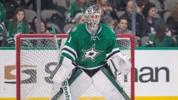 Nov 27, 2015; Dallas, TX, USA; Dallas Stars goalie Jack Campbell (1) skates in warm-ups prior to the game against the Vancouver Canucks at the American Airlines Center. The Stars defeat the Canucks 3-2 in the overtime shootout. Mandatory Credit: Jerome Miron-USA TODAY Sports