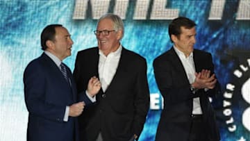 LAS VEGAS, NV - NOVEMBER 22: (L-R) NHL Commissioner Gary Bettman, majority owner Bill Foley and general manager George McPhee talk before the Vegas Golden Knights was announced as the name for Foley's Las Vegas NHL franchise at T-Mobile Arena on November 22, 2016 in Las Vegas, Nevada. The team will begin play in the 2017-18 season. (Photo by Ethan Miller/Getty Images)