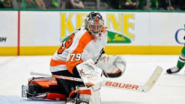 Apr 6, 2023; Dallas, Texas, USA; Philadelphia Flyers goaltender Carter Hart (79) looks back as he allows a goal to Dallas Stars defenseman Colin Miller (not pictured) during the second period at the American Airlines Center. Mandatory Credit: Jerome Miron-USA TODAY Sports