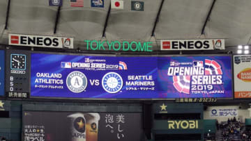 TOKYO, JAPAN - MARCH 21: MLB Opening Series fixture is displayed prior to the game between Seattle Mariners and Oakland Athletics at Tokyo Dome on March 21, 2019 in Tokyo, Japan. (Photo by Masterpress/Getty Images)
