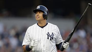 Jul 22, 2016; Bronx, NY, USA; New York Yankees designated hitter Alex Rodriguez (13) reacts after flying out during the second inning of an inter-league baseball game against the San Francisco Giants at Yankee Stadium. Mandatory Credit: Adam Hunger-USA TODAY Sports