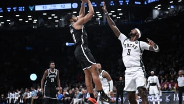 Nov 6, 2023; Brooklyn, New York, USA; Brooklyn Nets guard Cam Thomas (24) shoots the ball against Milwaukee Bucks forward Bobby Portis (9) during the second quarter at Barclays Center. Mandatory Credit: John Jones-USA TODAY Sports