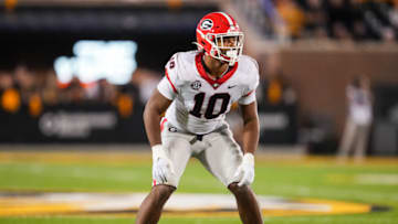 COLUMBIA, MO - OCTOBER 01: Jamon Dumas-Johnson #10 of the Georgia Bulldogs defends during the second half against the Missouri Tigers at Faurot Field/Memorial Stadium on October 1, 2022 in Columbia, Missouri. (Photo by Jay Biggerstaff/Getty Images)