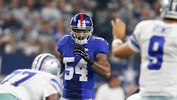 Sep 13, 2015; Arlington, TX, USA; New York Giants linebacker Jonathan Casillas (54) in game action against the Dallas Cowboys at AT&T Stadium. Dallas won 27-26. Mandatory Credit: Tim Heitman-USA TODAY Sports