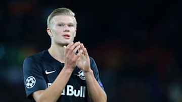 LIVERPOOL, ENGLAND - OCTOBER 02: Erling Haaland of Salzburg applauds the support after the UEFA Champions League group E match between Liverpool FC and RB Salzburg at Anfield on October 2, 2019 in Liverpool, United Kingdom. (Photo by Simon Stacpoole/Offside/Offside via Getty Images)