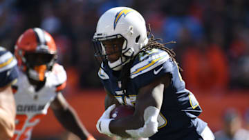 CLEVELAND, OH - OCTOBER 14: Melvin Gordon #28 of the Los Angeles Chargers runs the ball in the first half against the Cleveland Browns at FirstEnergy Stadium on October 14, 2018 in Cleveland, Ohio. (Photo by Jason Miller/Getty Images)