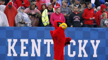 Nov 28, 2015; Lexington, KY, USA; The Louisville Cardinals mascot watches the game against the Kentucky Wildcats in the second half at Commonwealth Stadium. Louisville defeated Kentucky 38-24. Mandatory Credit: Mark Zerof-USA TODAY Sports