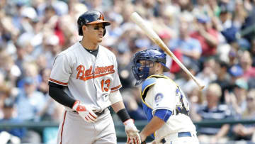 Jul 3, 2016; Seattle, WA, USA; Baltimore Orioles third baseman Manny Machado (13) tosses his bat after striking out against the Seattle Mariners during the seventh inning at Safeco Field. Seattle won 9-4. Mandatory Credit: Jennifer Buchanan-USA TODAY Sports