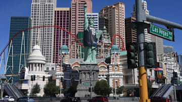LAS VEGAS, NV - JUNE 19: New York-New York Hotel & Casino's half-size replica of Lady Liberty wears a Las Vegas Aces jersey to celebrate the WNBA team's inaugural season on June 19, 2018 in Las Vegas, Nevada. The 400-pound, 75-foot-tall jersey took about 250 hours to construct. (Photo by Ethan Miller/Getty Images for MGM Resorts International)