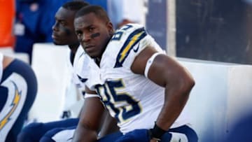 Nov 3, 2013; Landover, MD, USA; San Diego Chargers tight end Antonio Gates (85) looks at the scoreboard from the bench against the Washington Redskins at FedEx Field. Mandatory Credit: Geoff Burke-USA TODAY Sports